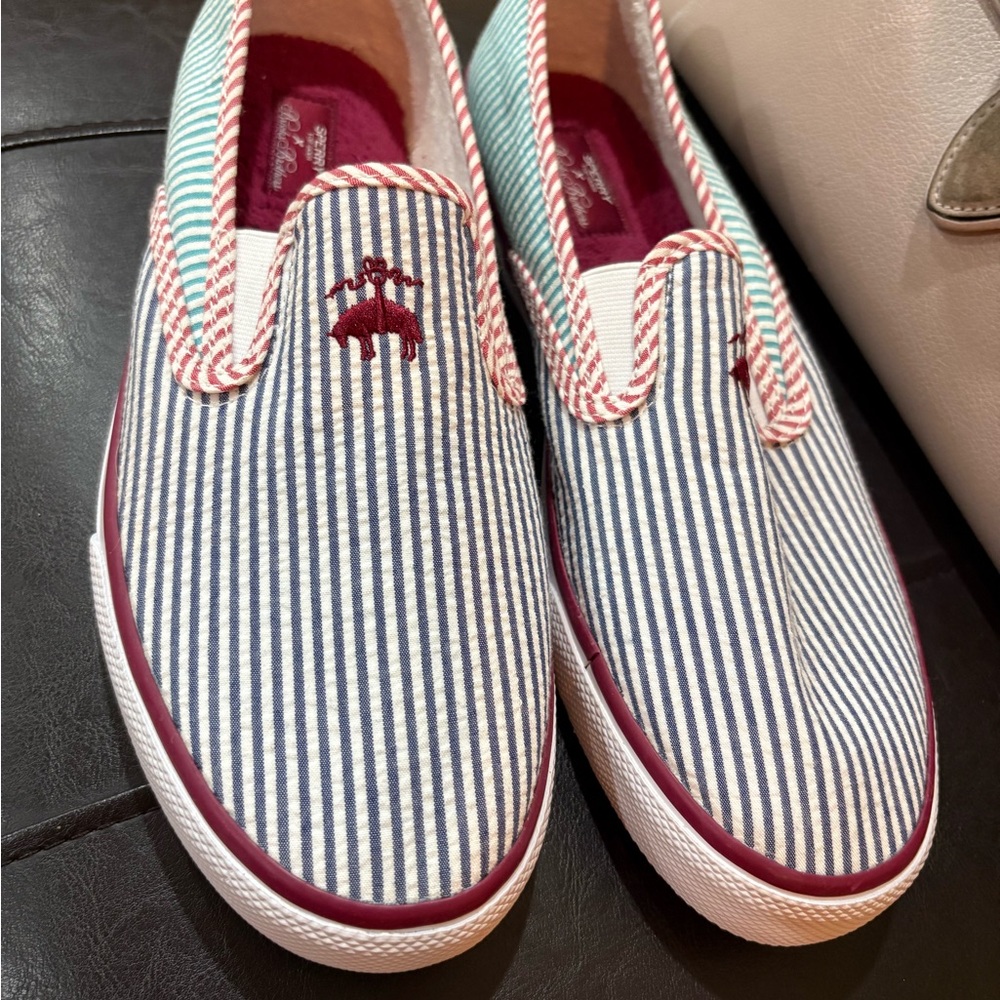 Sperry Seer sucker Blue, Green, Red, White Striped Slip-On Shoes (never worn)
